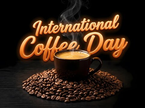 International Coffee Day banner featuring neon glowing text and steaming cup