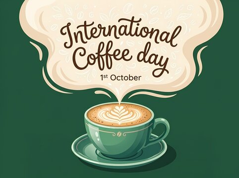 International Coffee Day card with green cup and large steam cloud.