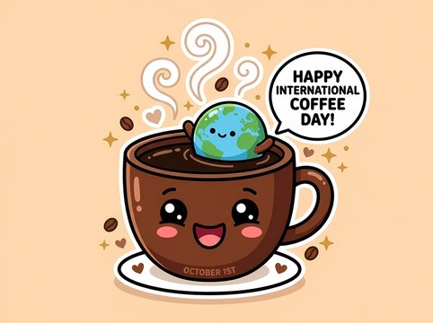 Cute Kawaii International Coffee Day illustration with smiling planet earth