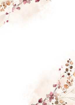 Watercolor floral and fall foliage round frame template. Red, burgundy, brown, beige and pink autumn wild flowers, eucalyptus branches, leaves and twigs. Fall nature hand drawn design clipart.
