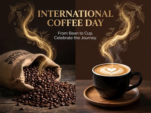 International Coffee Day banner with spilling beans and hot cup