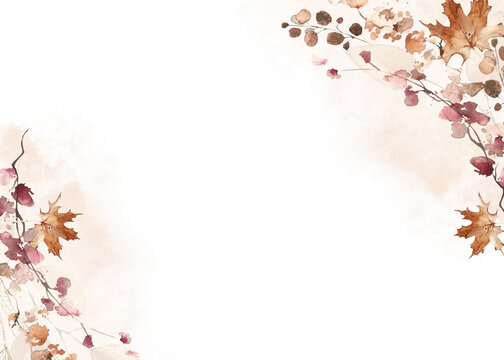 Watercolor floral and fall foliage round frame template. Red, burgundy, brown, beige and pink autumn wild flowers, eucalyptus branches, maple leaves and twigs. Fall nature hand drawn design clipart.