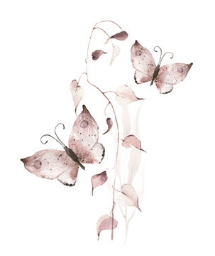 Watercolor fall arrangement. Dusty pink, gray. brown autumn wild curled twigs, leaves, branches. Boho style flying two butterflies. Hand painted isolated template design.