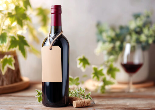 Elegant glass of red wine with a bottle on a rustic wooden table, surrounded by soft candlelight and delicate flowers creating a warm, cozy atmosphere.
