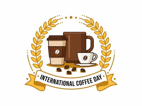 International Coffee Day emblem badge design featuring various drink cups
