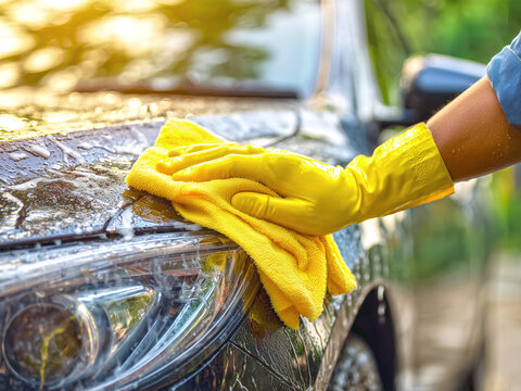 Hand in yellow glove washing a black car with sponge and foam, cleaning the headlight and body surface outdoors in sunlight, water and soap bubbles visible.
