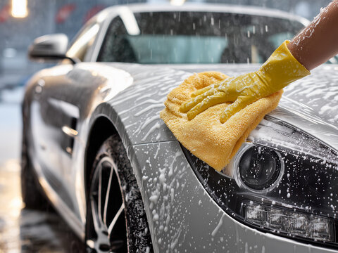 Hand in yellow glove washing a black car with sponge and foam, cleaning the headlight and body surface outdoors in sunlight, water and soap bubbles visible.
