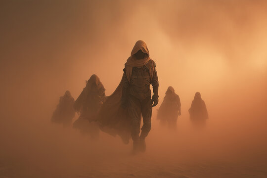 Epic desert nomads and a futuristic android walking through a sandstorm in cinematic  style. Dramatic sci-fi atmosphere with epic lighting and dust.
