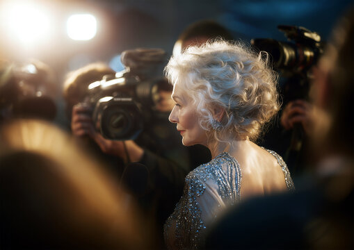 Elderly stylish female actress giving interview on the red carpet, wearing an elegant evening gown. Glamorous, realistic, and cinematic celebrity scene. Hands not visible.
