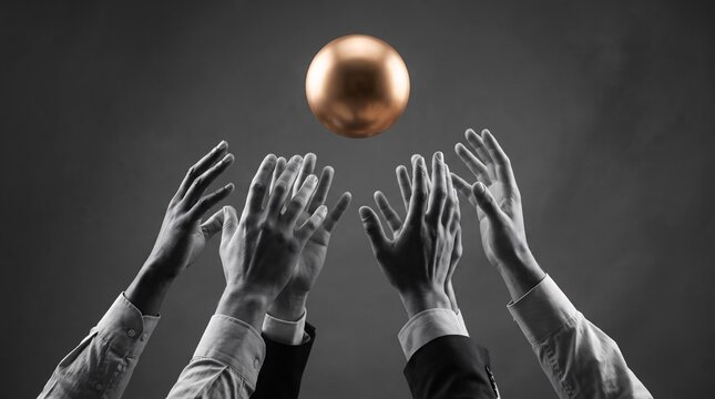 Diverse business people reaching hands toward a floating golden sphere against a dark background