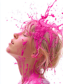 Profile portrait of woman with closed eyes and short white hair covered with bright pink paint splashes. Liquid paint flowing over face and hair on light background.
