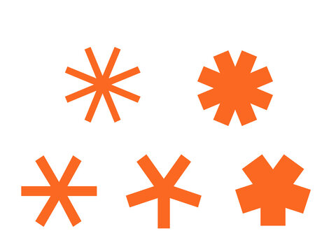 Set of orange retro starburst asterisk shapes