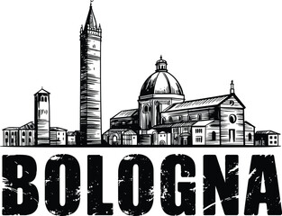 Fototapeta premium Bologna skyline vector with famous historical landmarks and bold typography lettering underneath