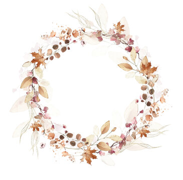 Watercolor hand painted autumn foliage wreath frame. Red, beige, brown autumn wild greenery, eucalyptus branches, maple leaves and twigs. Dry plants template design.