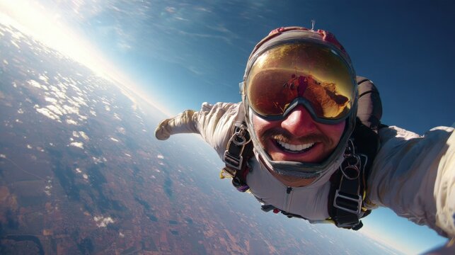 spectacular first person style photograph of a skydiver smiling during free fall, reflective goggles showing clouds, parachute equipment visible