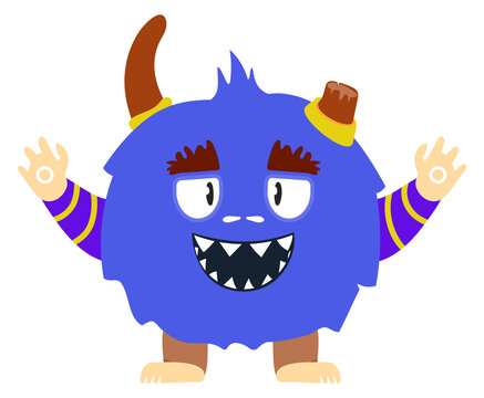 Funny beast. Fantasy monster character. Blue horned creature