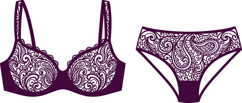 Deep purple lingerie set with underwire bra and high waist panties decorated with intricate paisley lace style patterns, isolated on white background