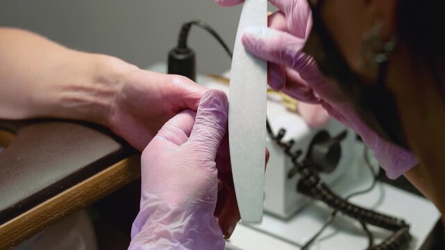 A horizontal video showing a manicurist in pink gloves filing the surface of a gel layer on a client's fingernail in a beauty salon.