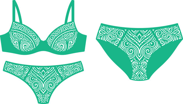 Emerald green lingerie set with underwire bra, thong and full panties decorated with intricate tribal swirl ornamental patterns, isolated on white background
