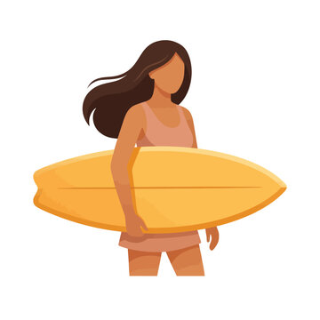 Woman Surfer Holding Yellow Surfboard, Summer Beach Lifestyle Illustration