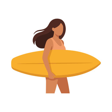 Woman Surfer Holding Yellow Surfboard, Summer Beach Lifestyle, Flat Design