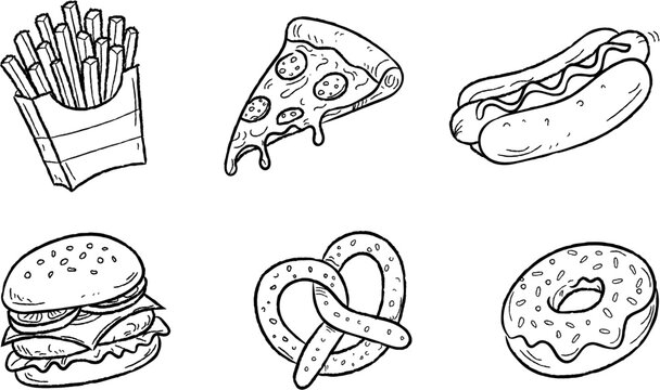 Junk food line art, black hand drawn fast food doodle illustration set isolated on white background