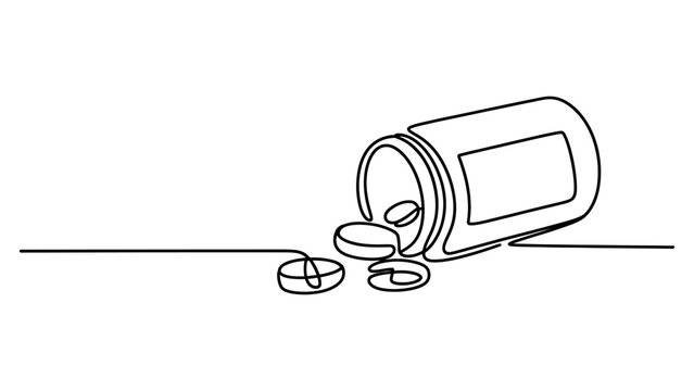 Continuous one line drawing of a medicine bottle with scattered pills for health care