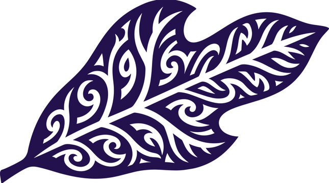 Lobed leaf tribal tattoo style vector illustration with swirling koru patterns dark purple botanical line art design element