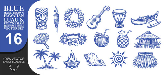Blue hand drawn hawaiian luau polynesian tropical doodles with tikis ukuleles palm trees flowers surf vibes for exotic summer party decorations and invitations. © PixiBoo Studio