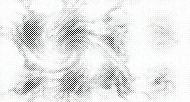 Black and white halftone pattern with a swirling vortex effect, abstract dotted texture with varying point density and radial distortion