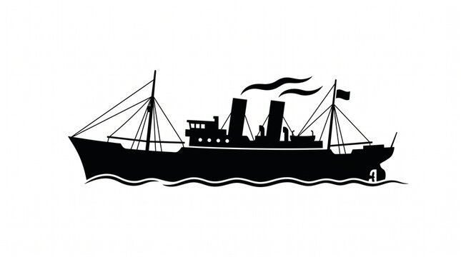 Black Silhouette of a Vintage Steamship Sailing on the Water