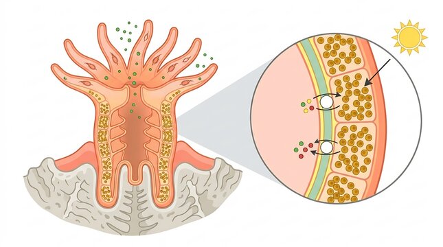 Coral Polyp Structure and Symbiotic Relationship with Algae Cells &ndash; Scientific Diagram Illustration