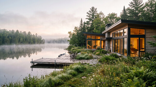 Contemporary waterfront country house with a private dock on a calm misty lake in the morning, real estate and travel lifestyle photography
