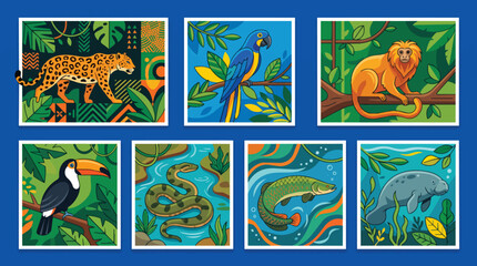 Fototapeta premium Collection of Brazilian animals in square frames