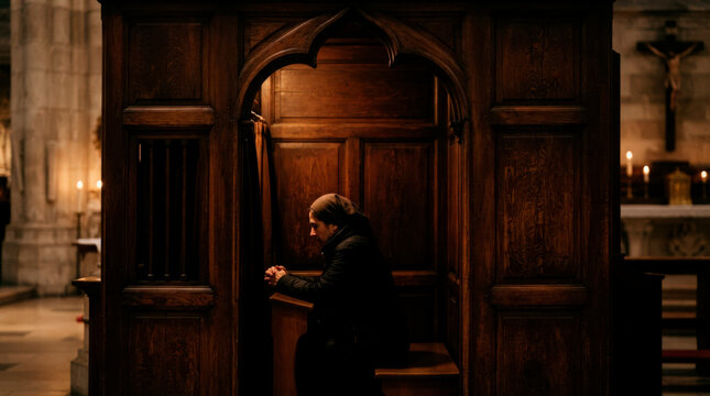 Confessional booth in church with priest reflecting on faith, wooden design creates serene atmosphere inside sacred space, quiet moment emphasizes spiritual connection in confessional practice.