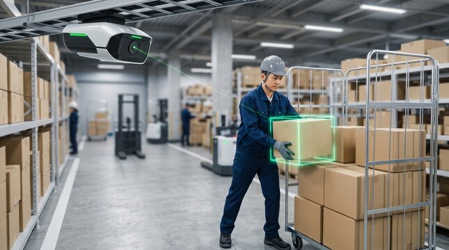AIカメラで荷物を認識する倉庫スタッフ、物流現場の画像認識と自動化