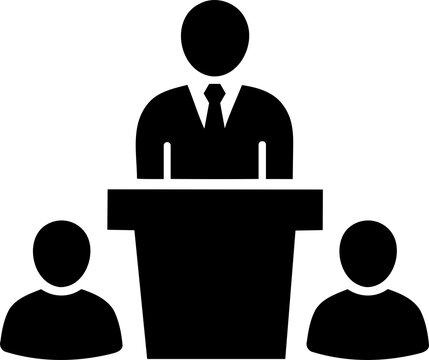 Black silhouette icon of a person speaking at a podium isolated on transparent background