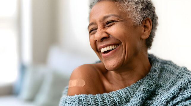Cheerful aged black female patient celebrating successful immunization shot at clinic