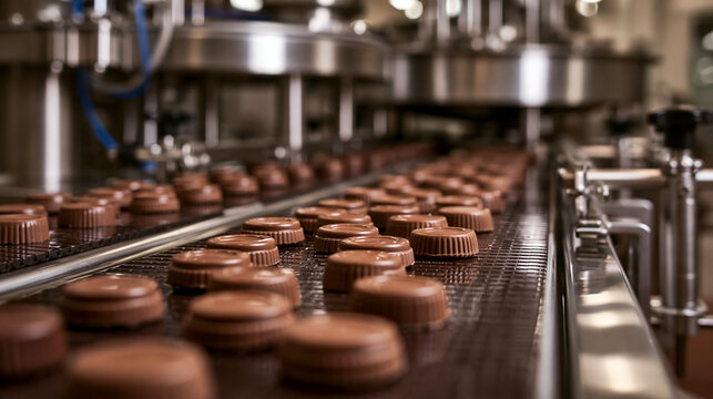Modern chocolate candy production line with uniform molded chocolates moving along a clean conveyor belt, stainless steel machinery, hygienic food manufacturing facility,