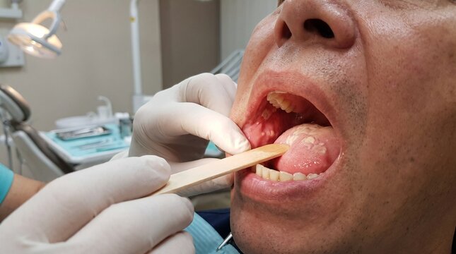 Oral Thrush With White Plaques on the Tongue During Clinical Examination