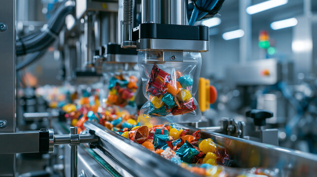 Automated candy packaging machine filling transparent food-safe pouches with colorful wrapped sweets, synchronized conveyor belts, stainless steel equipment, modern confectionery