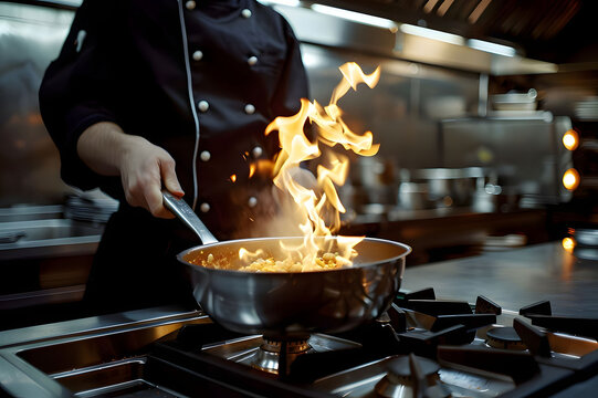 Professional chef flambeing food in frying pan with big fire flame at restaurant kitchen