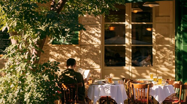 Person reading a book at a sunlit outdoor cafe table surrounded by leafy trees, white tablecloths, wooden chairs, warm storefront architecture, and urban dining details