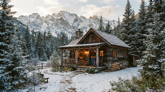 Cozy wooden cabin nestled in snow-covered mountain forest during winter.
