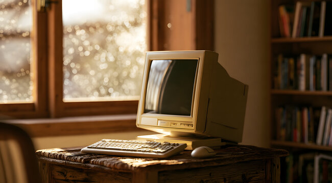 A desktop computer from the 1990s era, equipped with a beige CRT monitor, keyboard, and mouse, is placed on a rustic wooden desk near a window. The scene is bathed in soft light, with dust motes visib