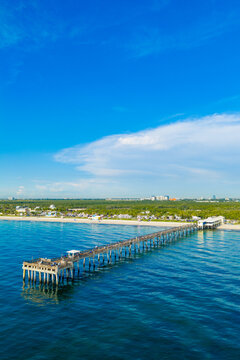 Aerial vertical photo beautiful blue sky over the Dania Beach fishing pier 2026