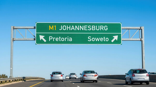 Highway Sign To Johannesburg Pretoria Soweto On A Clear Day