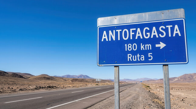 Desert Highway Sign In Chile Points To Antofagasta 180 Km