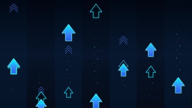 Stock market growth and financial upward trend graphic. Features glowing blue arrows rising against dark digital background. Digital illustration for business success and investment analysis.