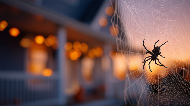 Black spider on a detailed cobweb with glowing orange Halloween lights in the background, creating a dramatic spooky atmosphere and atmospheric seasonal background for holiday campaigns.